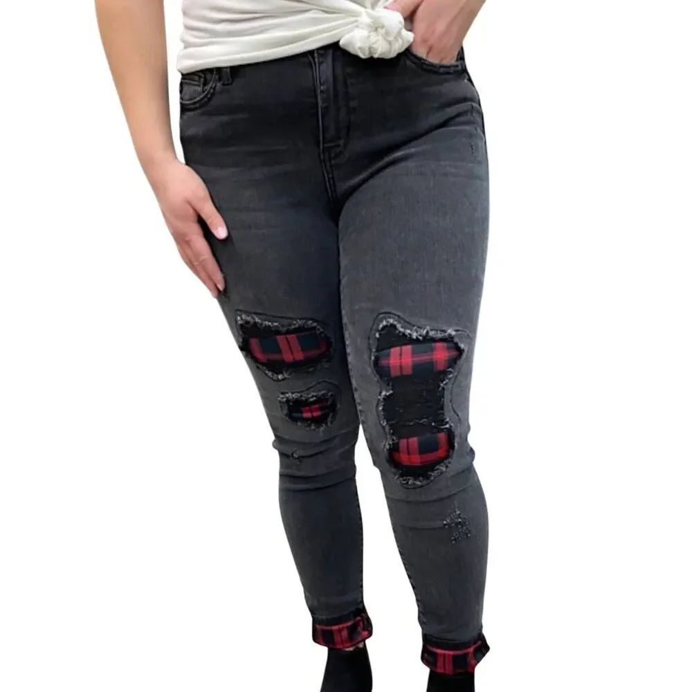 Judy Blue Jeans Women's 16W Black Washed Skinny Stretch Buffalo Plaid Patch Rip